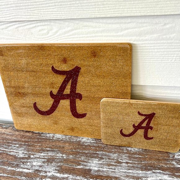 2pc Alabama Roll Tide Cutting Board Resin Wood Charcuterie Cheese Gift Kitchen - Picture 1 of 6